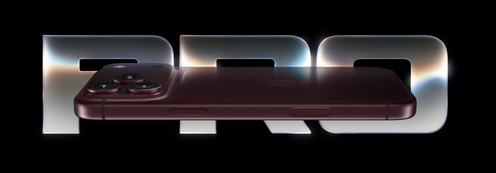 iPhone 18 Pro color borgoña apoyado sobre la palabra PRO en letras gigantes